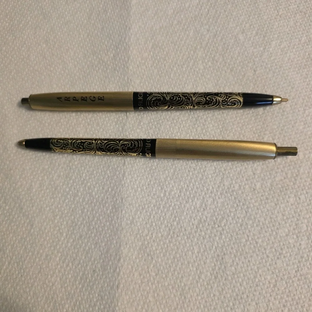 Vintage Chanel No 5 Arpege 14 KT Gold Filigree Perfumed Ballpoint Pen Set 2 Pc